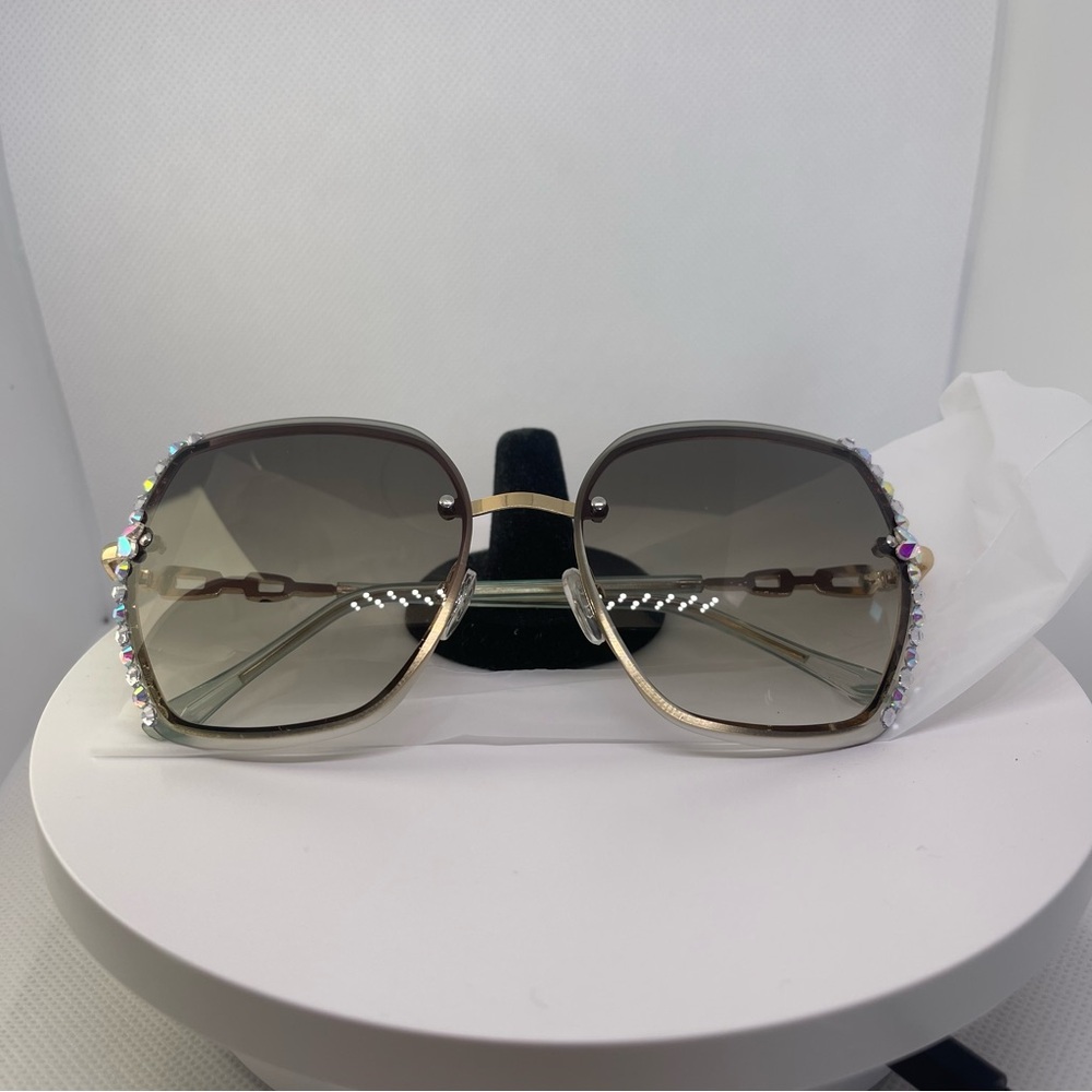 Oversized green gradient rimless rhinestone decor sunglasses - Picture 4 of 9
